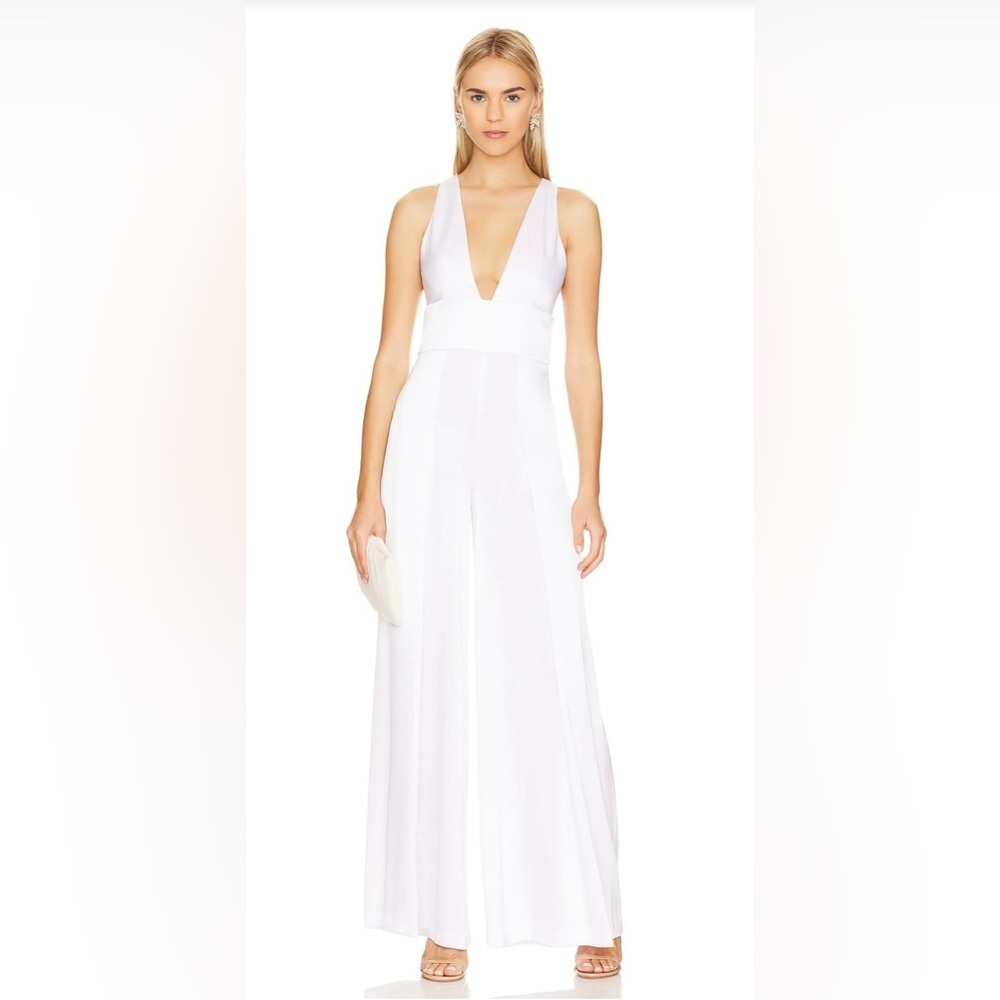 Alice & Olivia Myrtle Satin V-Neck White Jumpsuit NWT